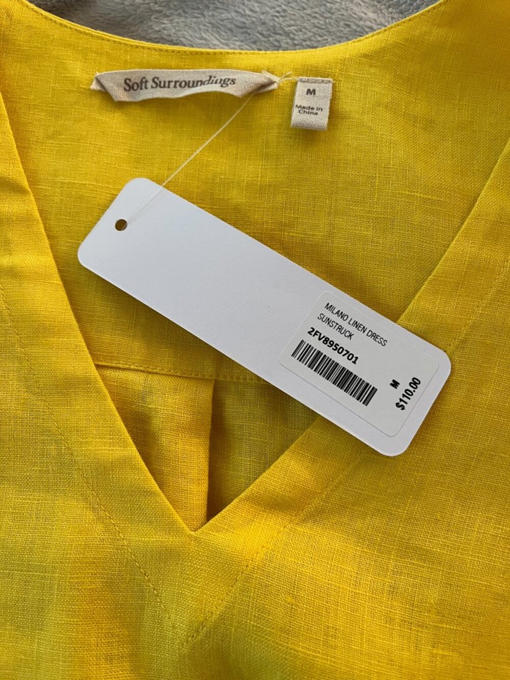 NWT Soft Surroundings Yellow Milano Linen Bell Sleeve V-Neck Shift Dress M - Picture 3 of 10